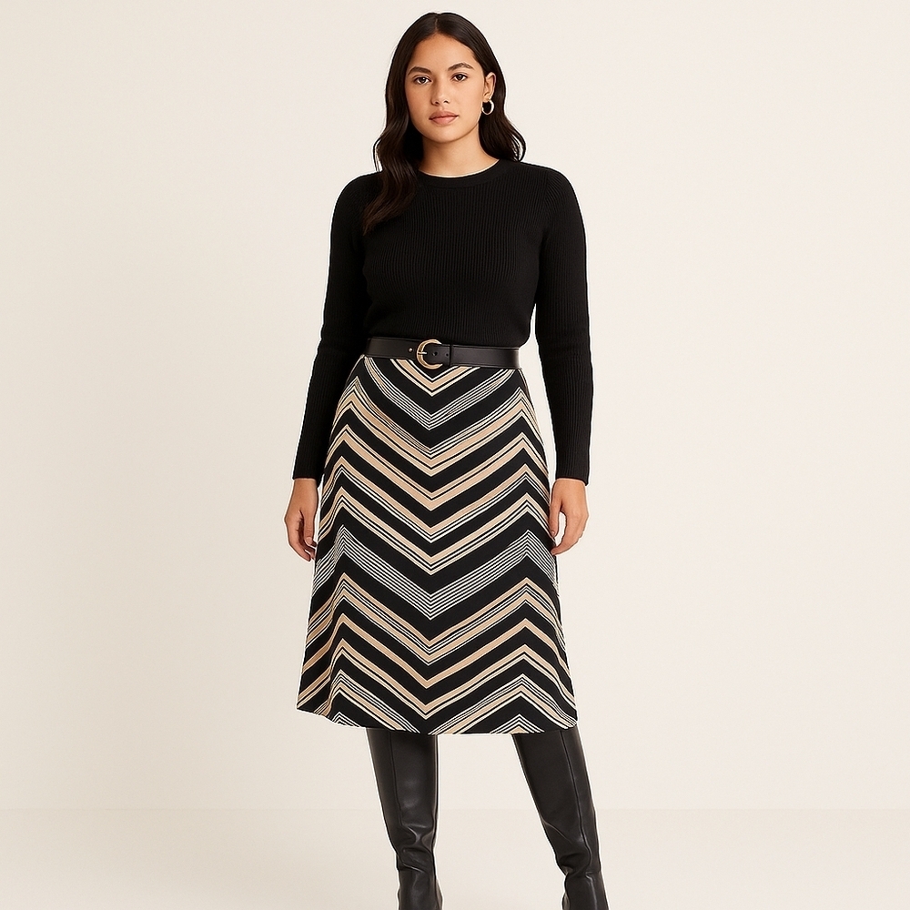 New York & Company Chevron High-Low Skirt Gold & Black Women’s Size L NWT